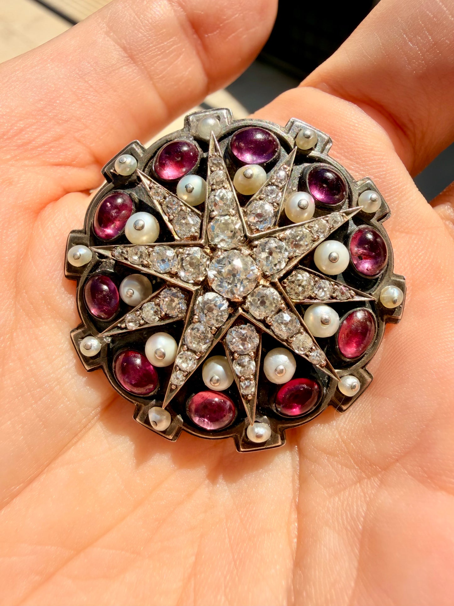 Antique 14K gold and silver approx 2 ctw Old Mine Cut diamond star and 3.5 ctw ruby and pearl convertible brooch pendant