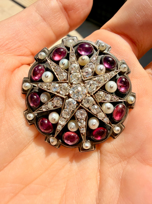 Antique 14K gold and silver approx 2 ctw Old Mine Cut diamond star and 3.5 ctw ruby and pearl convertible brooch pendant