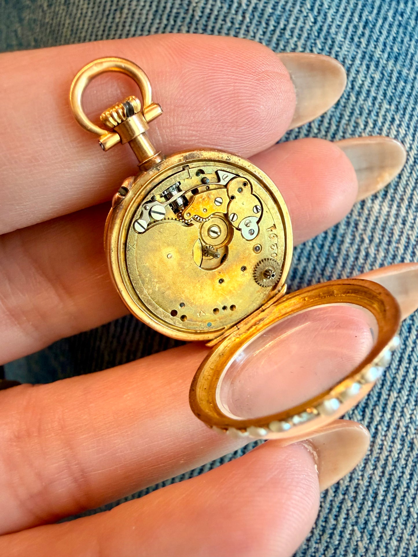 Antique yellow 18K pearl and rose cut diamond ladies pocket watch case pendant