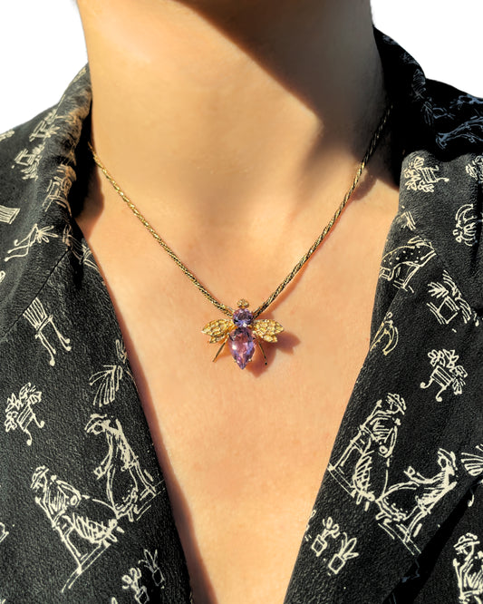 Vintage yellow 14K amethyst bee pendant/pin