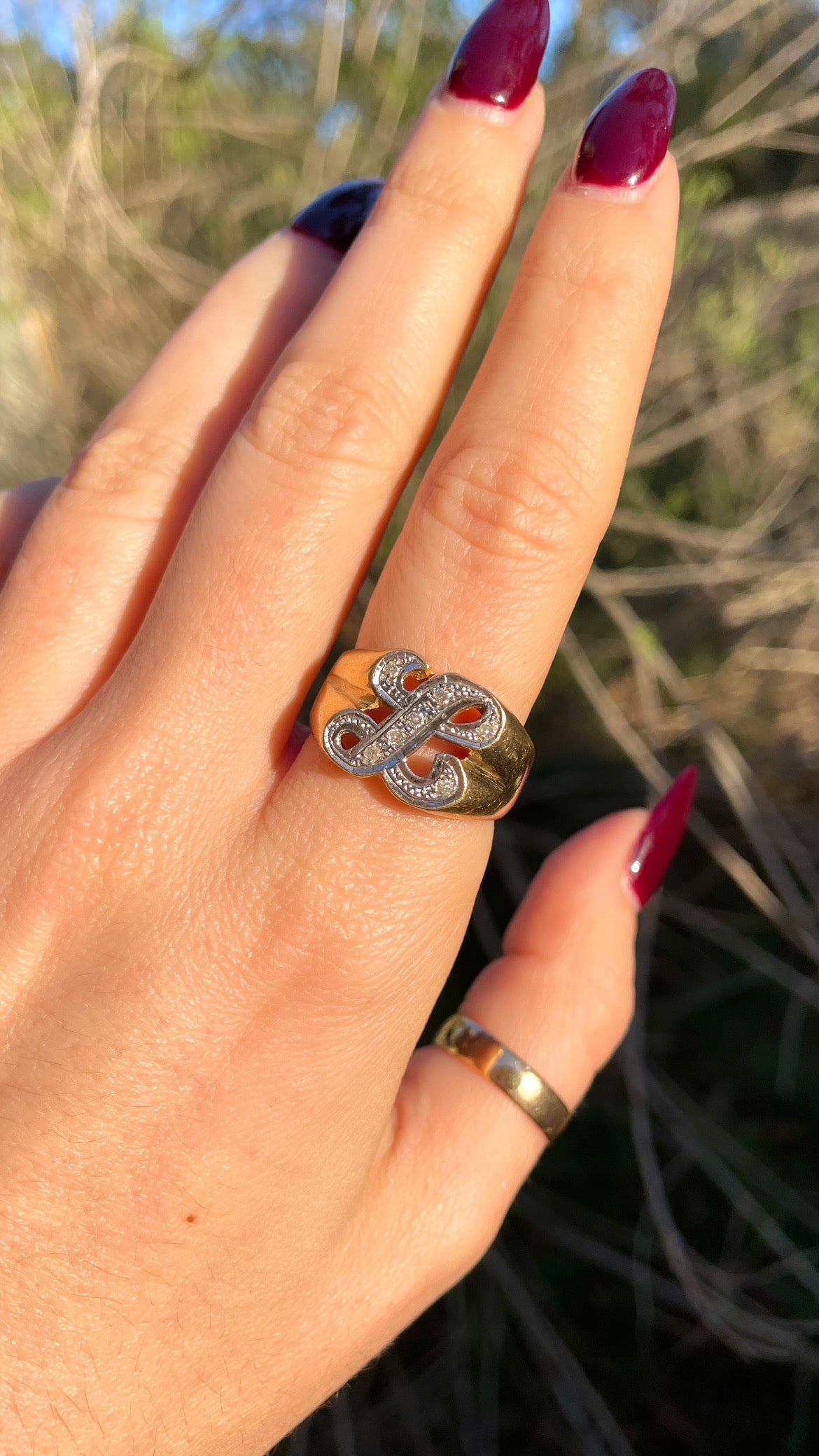 Vintage yellow and white 14K letter L ring with approx .18 ctw diamonds, size 10