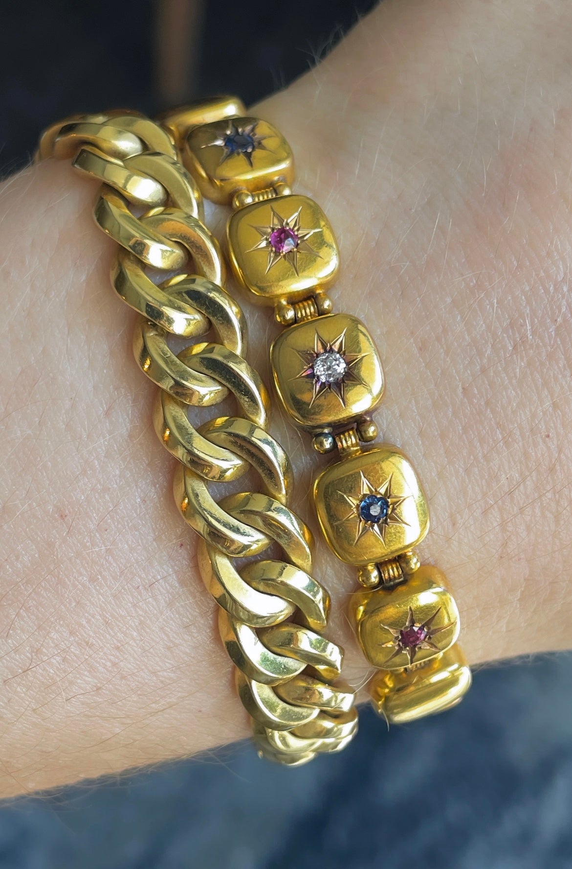 Antique yellow 14K Victorian old mine cut diamond, ruby and sapphire starburst bracelet, 6 and 5/8 inch
