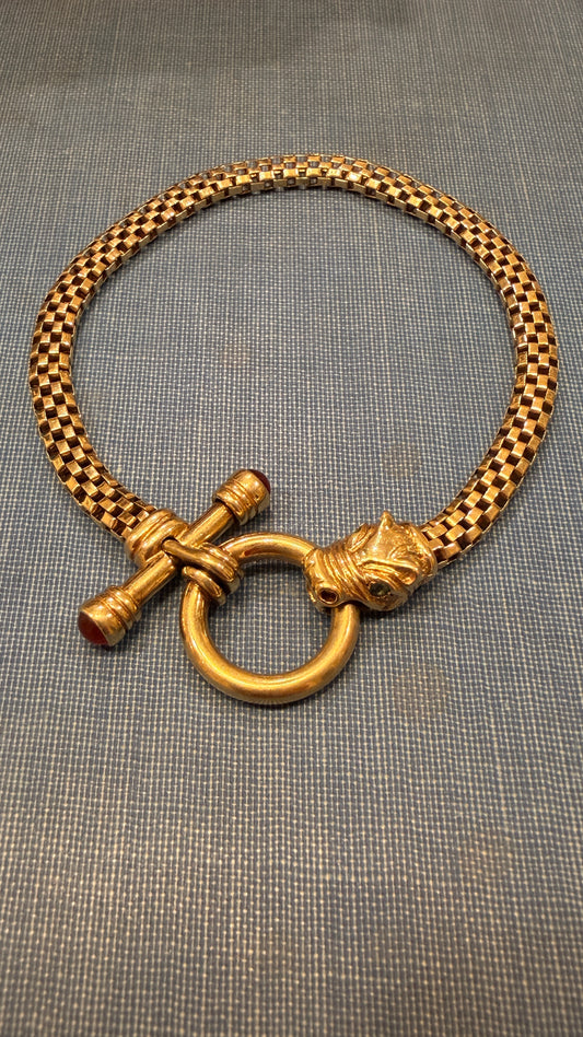 Vintage yellow 14K emerald eye dragon and red stone bar link bracelet, 7 and 1/8 inch