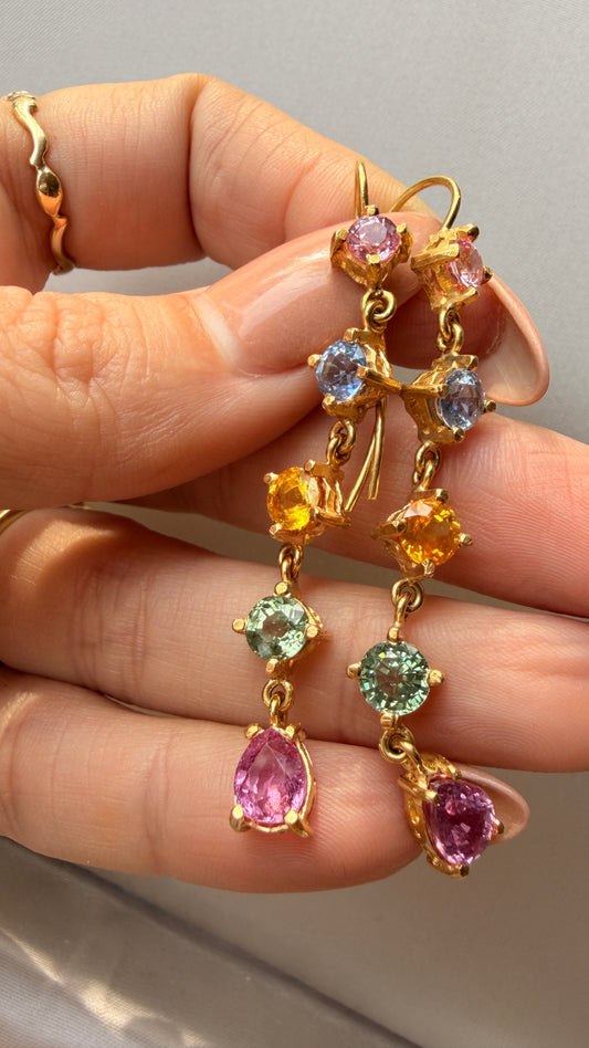 Yellow 18K approx 6.5ctw multicolored natural sapphire drop earrings