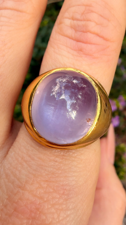 Vintage yellow 18K natural unheated 19.3 ctw purple pink sapphire cabochon ring, size 8.5 sizable