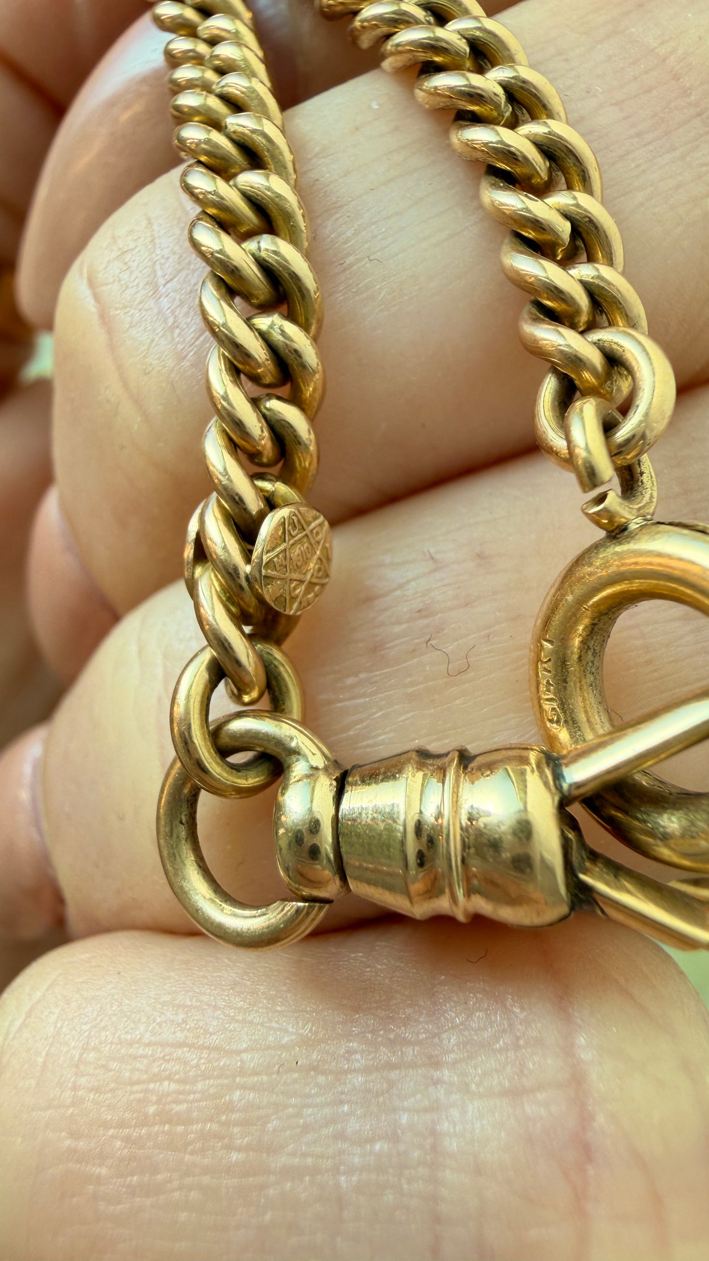 Antique yellow 14K round curb watch chain, 19 and 5/8 inch with 1.5 inch bolt dangle