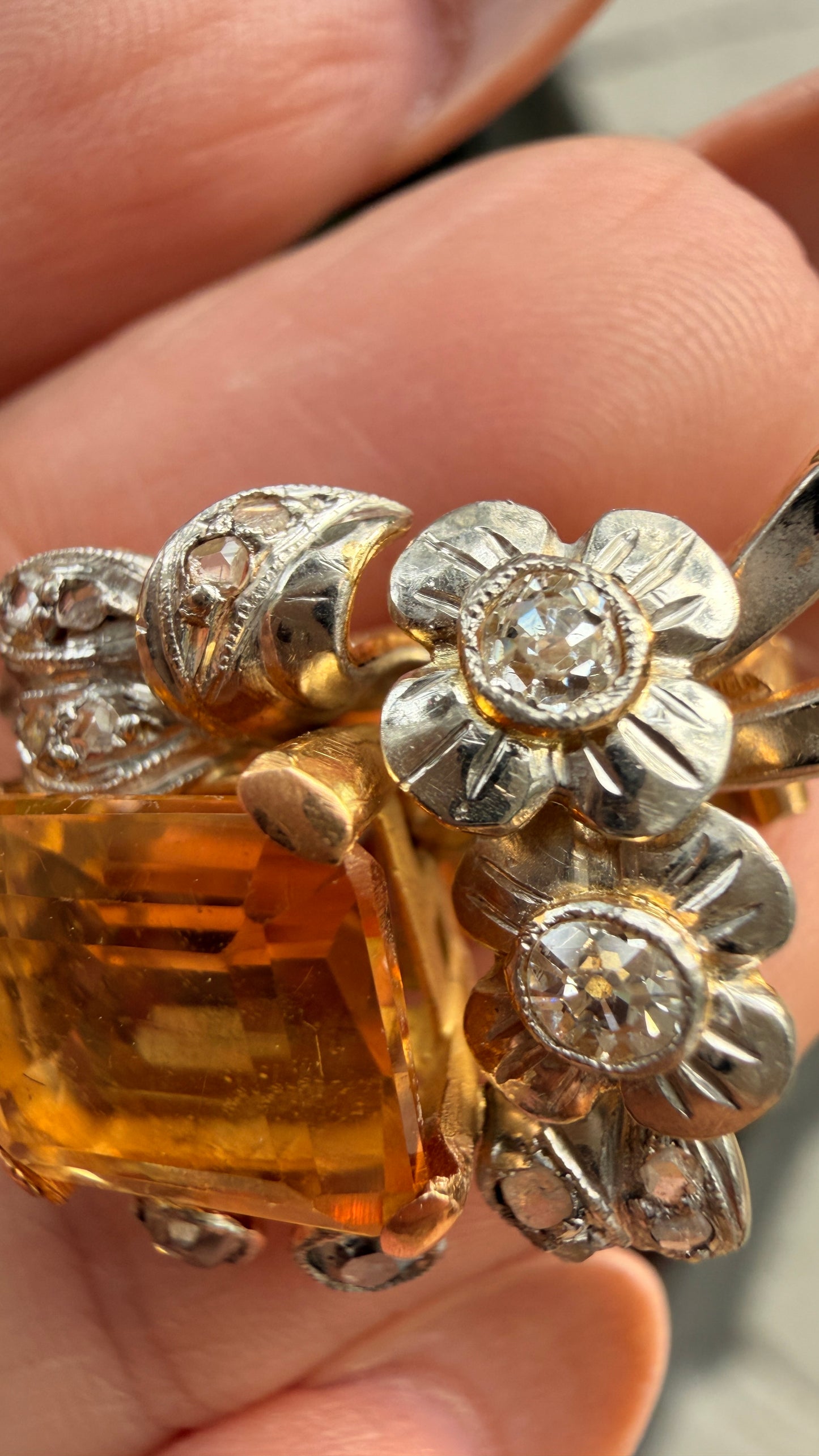 Antique Platinum and yellow 18K approx 10 ctw citrine and 1.2 ctw old mine cut diamond and rose cut diamond omega back earrings