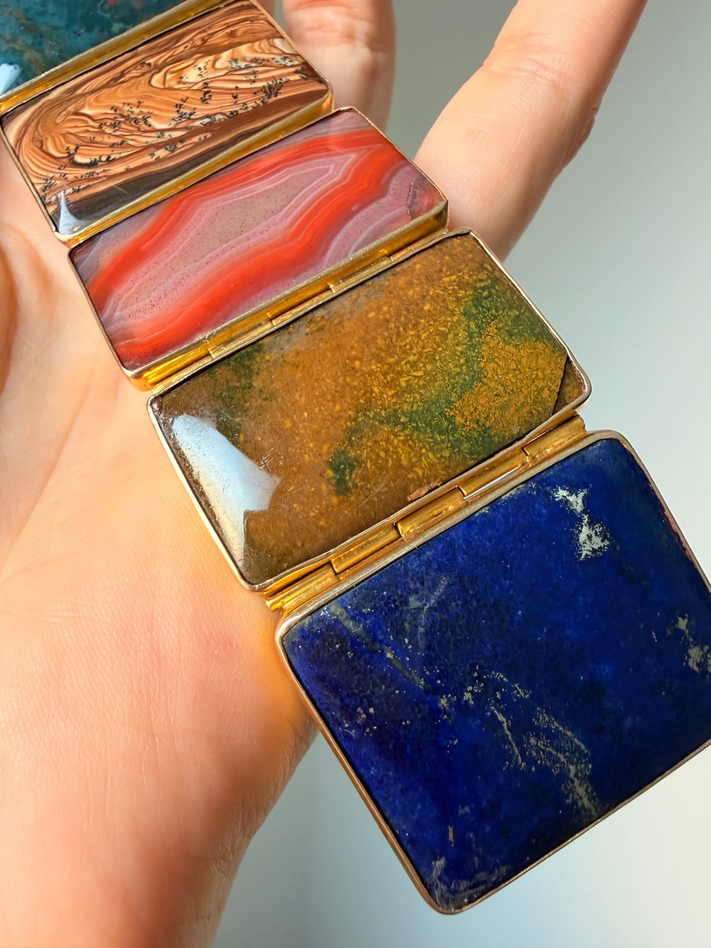 Antique yellow 14K Victorian hardstone panel bracelet, 6.75 inch
