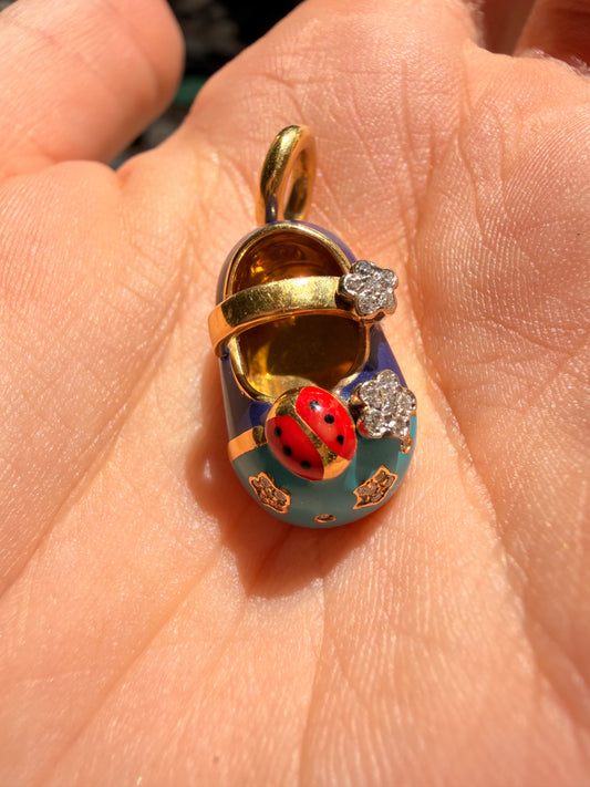 Aaron Basha Yellow 18K gold and enamel ladybug and diamond flowers shoe charm