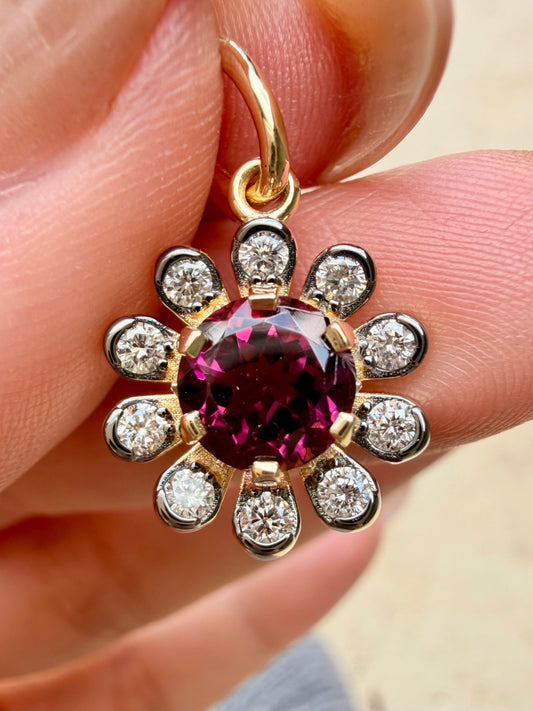 3GOG Natural Plum Pink Rubellite Tourmaline and Diamond Garden Party Flower Pendant with black rhodium 18K