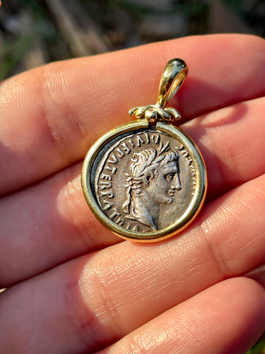 Estate yellow 18K bezel set authentic ancient Roman silver coin pendant