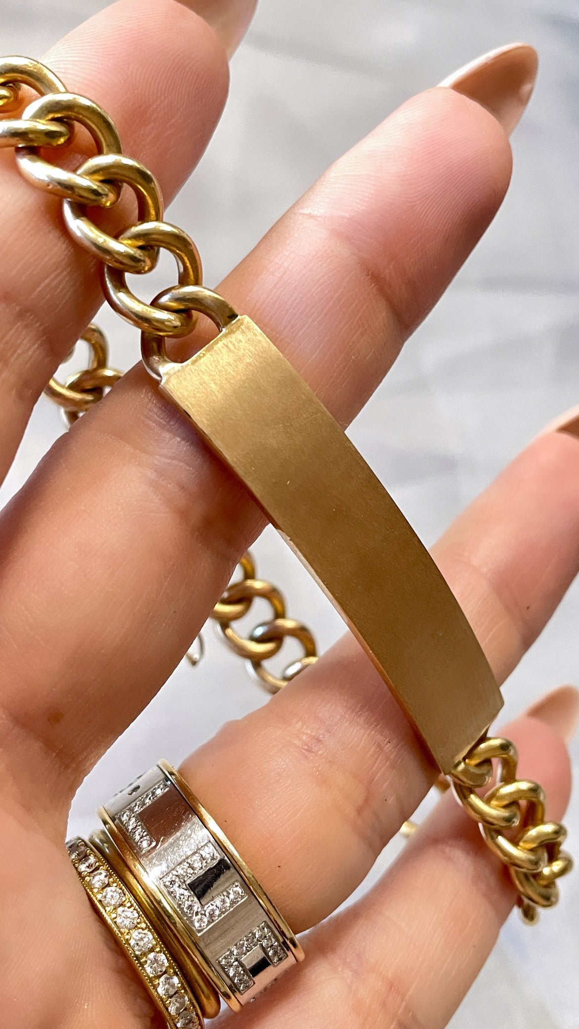 Vintage rosy yellow 18K solid round curb link ID bracelet, 8.25 inch
