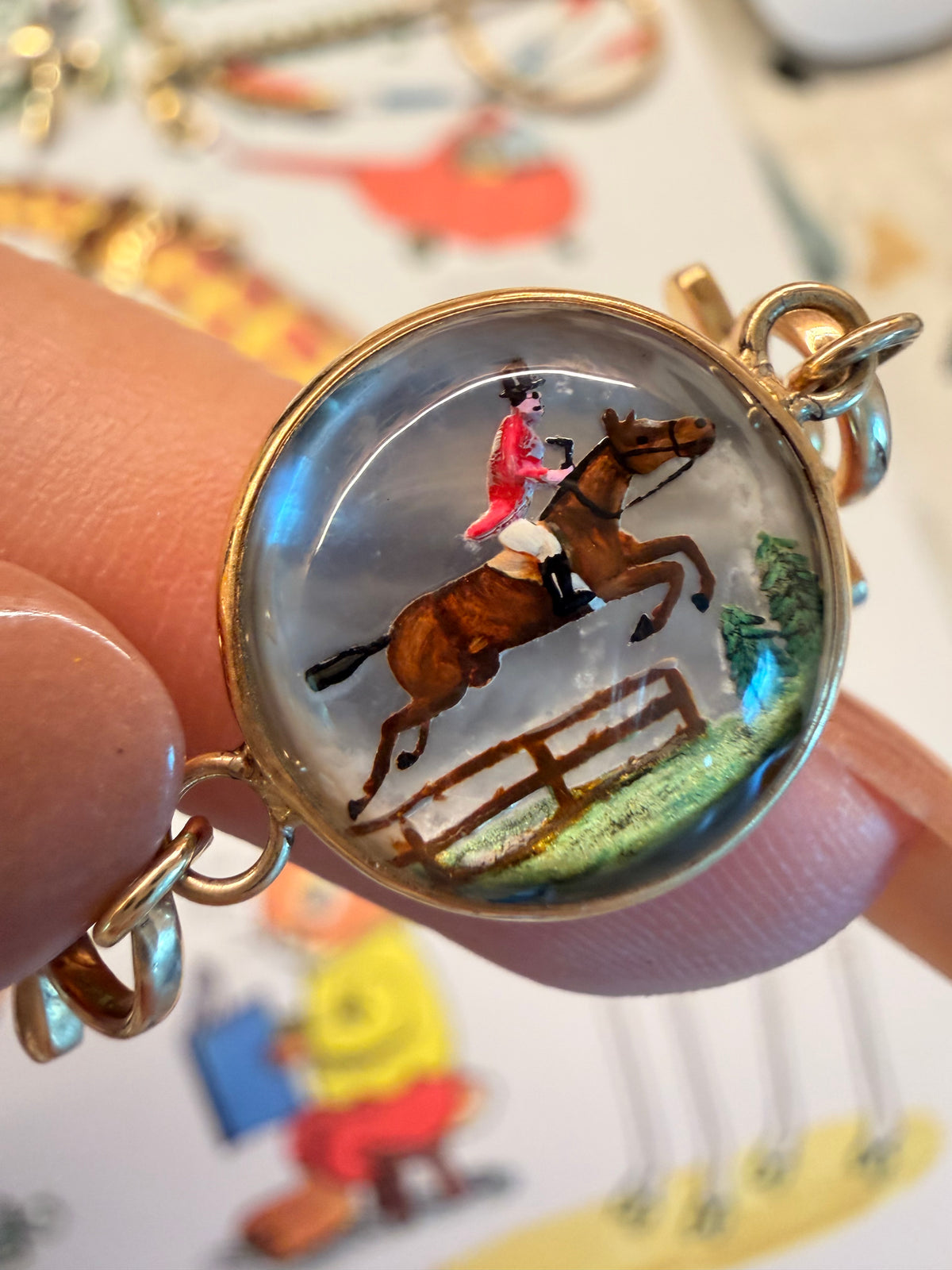 Antique 14K fox equestrian Essex crystal horsebit bracelet, 7.5 inch