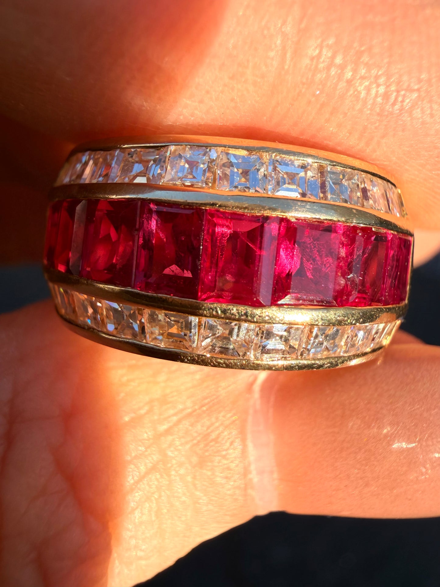Vintage yellow 18K square cut 2ctw natural ruby and 1.3ctw square step cut diamond wide ring, size 8-8.25
