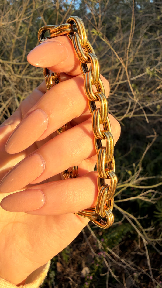 Vintage French yellow 18K round ribbed link bracelet, 7.25 inch fit