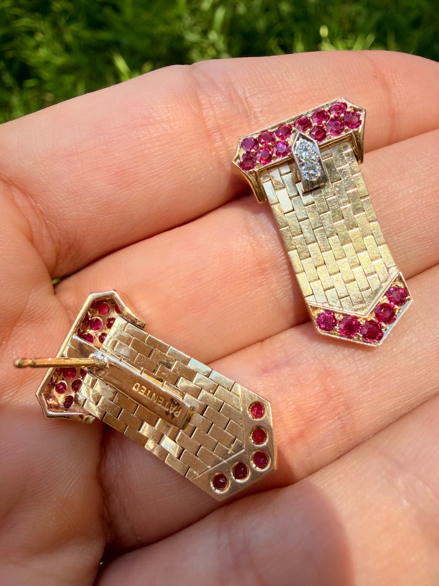 Vintage Retro era yellow 14K approx 1.4ctw natural ruby and .16ctw diamond belt buckle earrings with 18K posts