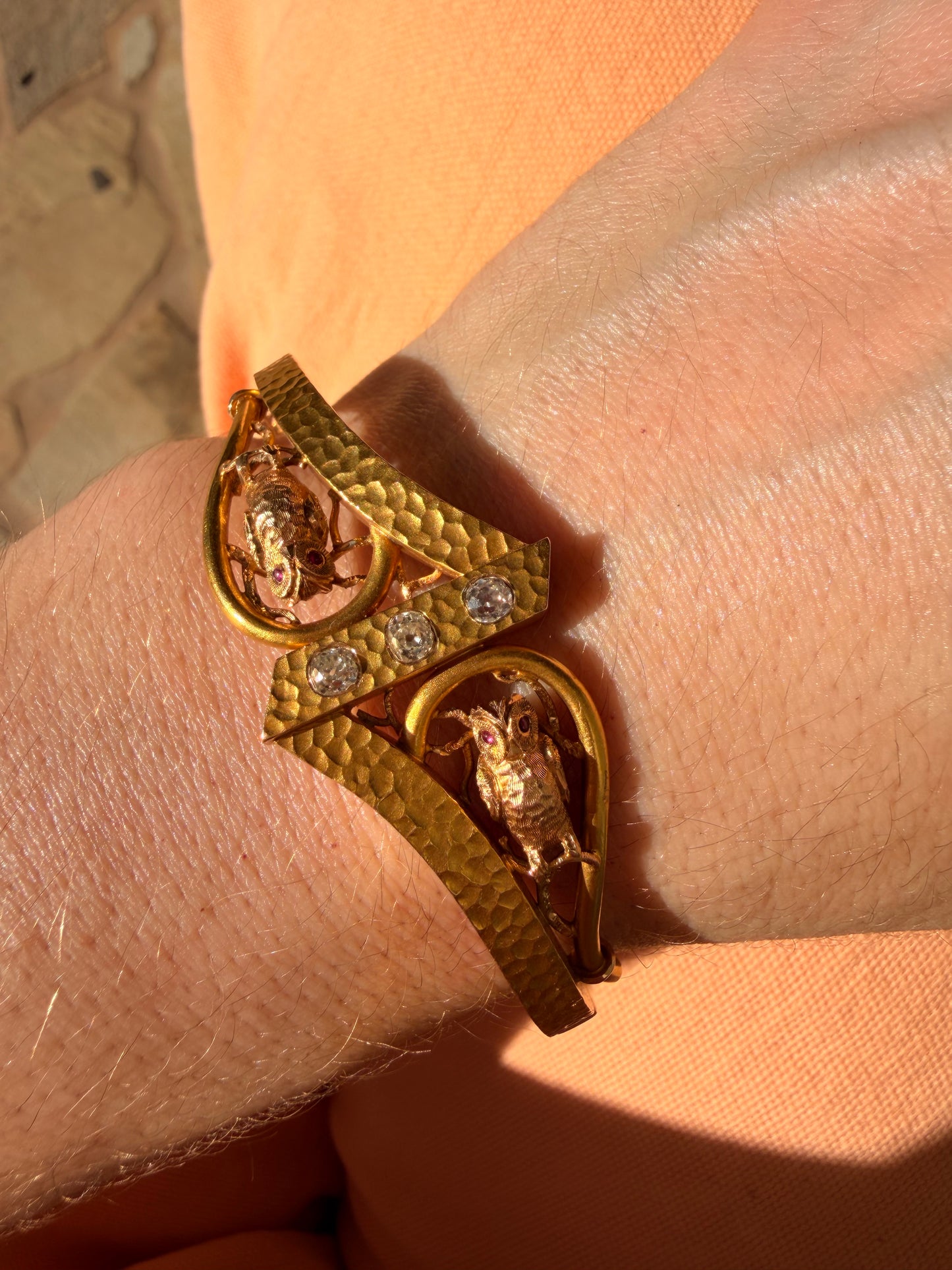 Antique 14K owls hinge bangle with approx .35ctw old mine cut diamonds