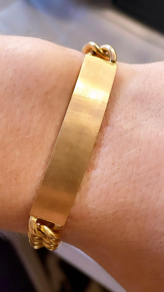 Vintage rosy yellow 18K solid round curb link ID bracelet, 8.25 inch
