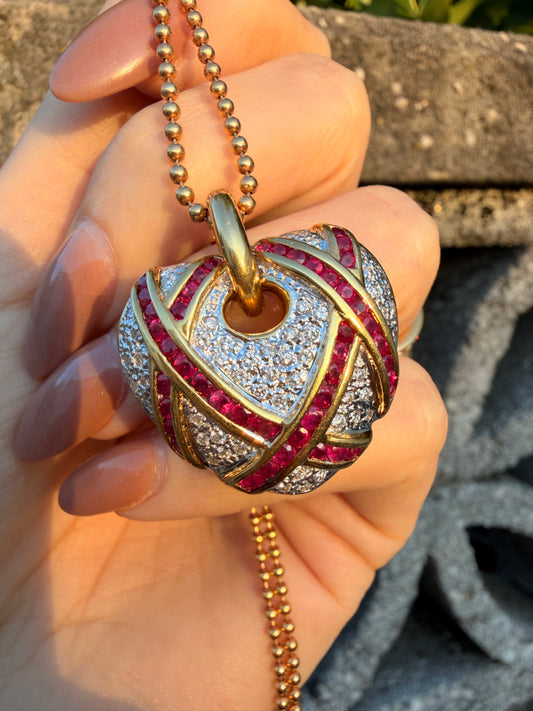Vintage 18K approx 1.75ctw natural ruby and .55ctw diamond wrapped heart pendant