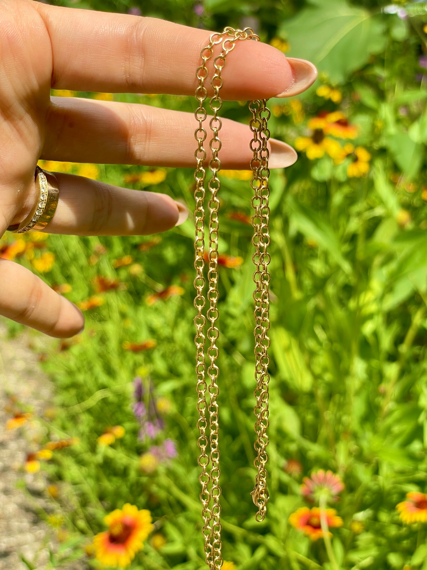Vintage yellow 14K solid round link chain, 21.75 inch adjusts to any length