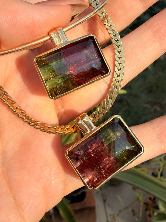 Vintage yellow 18K over 20ctw watermelon tourmaline block pendant with custom bail