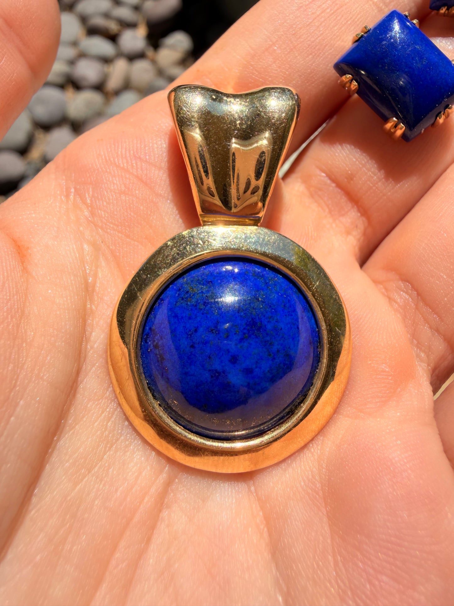 Vintage yellow 14k gold handmade lapis medallion statement pendant