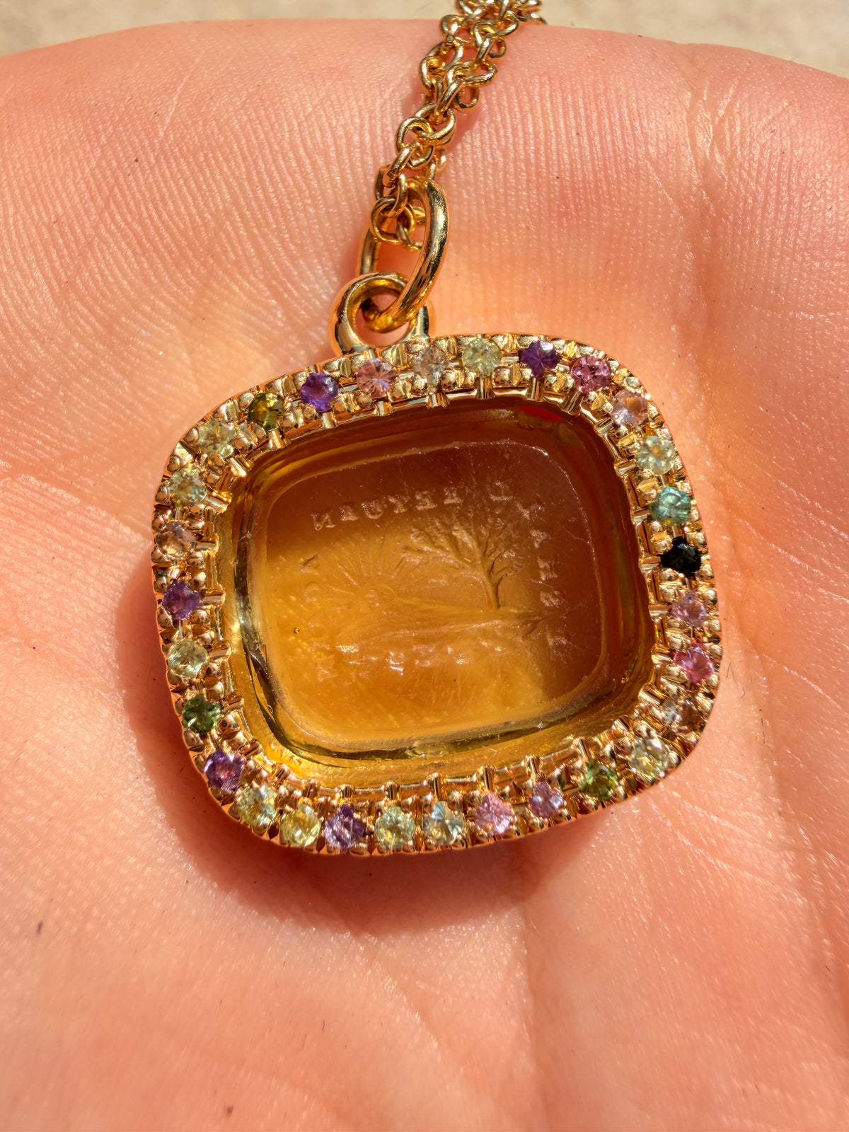 Antique 18K intaglio set in custom yellow 18K tourmaline border pendant by Bauble Magpie