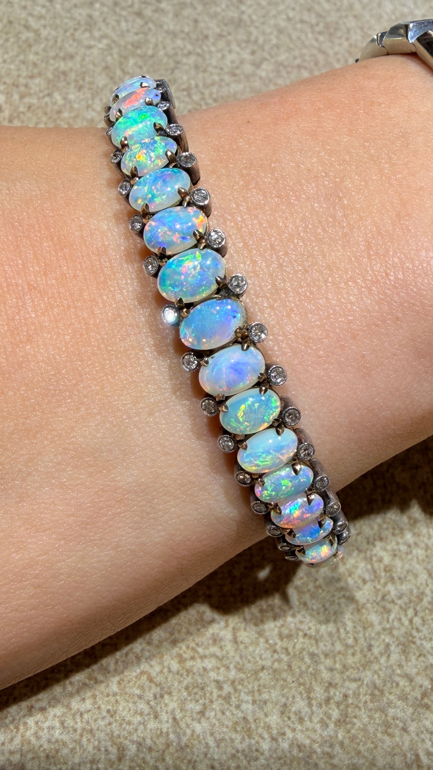 Antique 14K natural opal and rose cut diamond hinge bangle