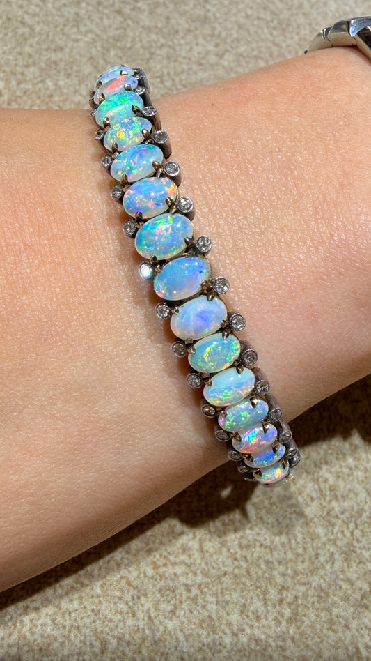 Antique 14K natural opal and rose cut diamond hinge bangle