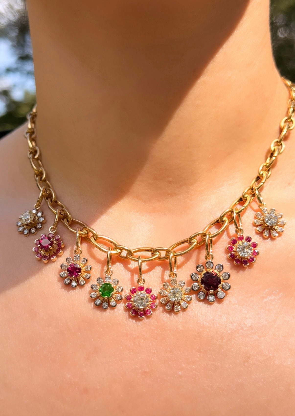 3GOG Natural Plum Pink Rubellite Tourmaline and Diamond Garden Party Flower Pendant with black rhodium 18K