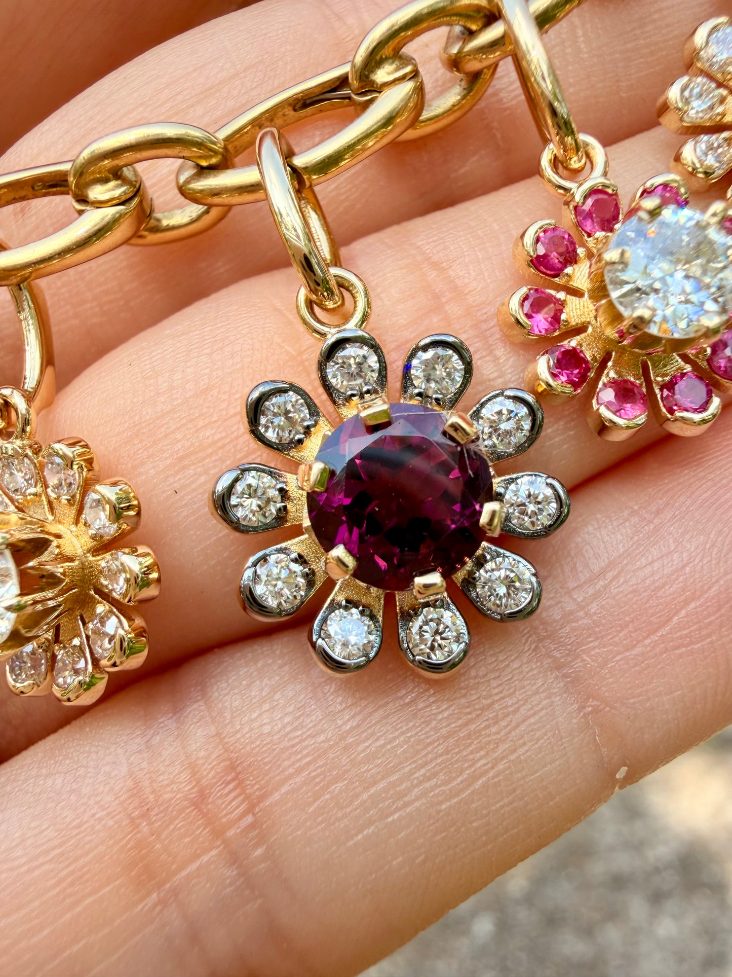 3GOG Natural Plum Pink Rubellite Tourmaline and Diamond Garden Party Flower Pendant with black rhodium 18K