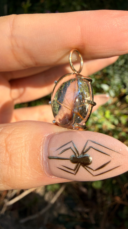 Vintage yellow 14K rutilated quartz cabochon pendant