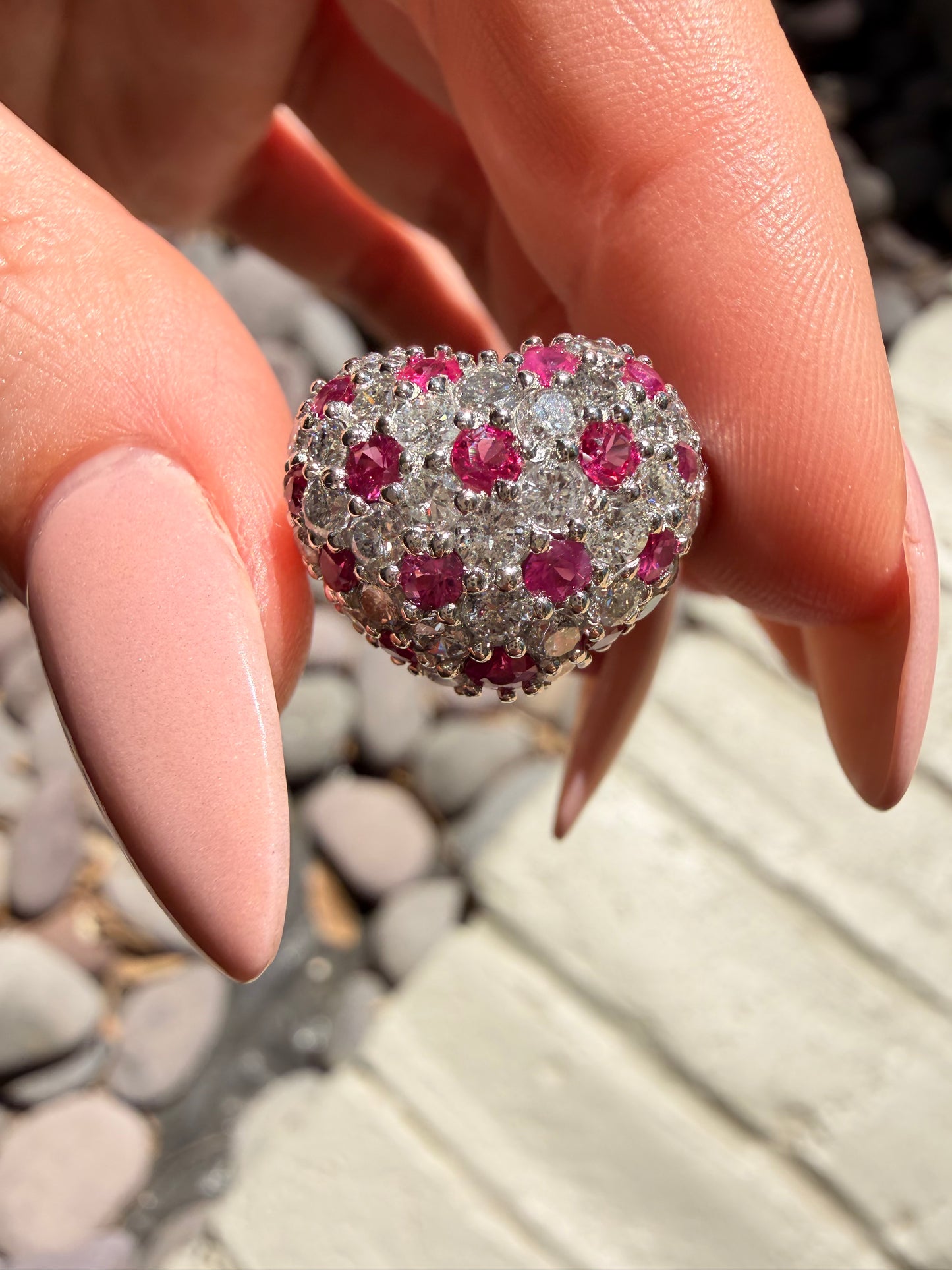 Vintage platinum 1ctw diamond and .6ctw natural ruby heart ring, size 6