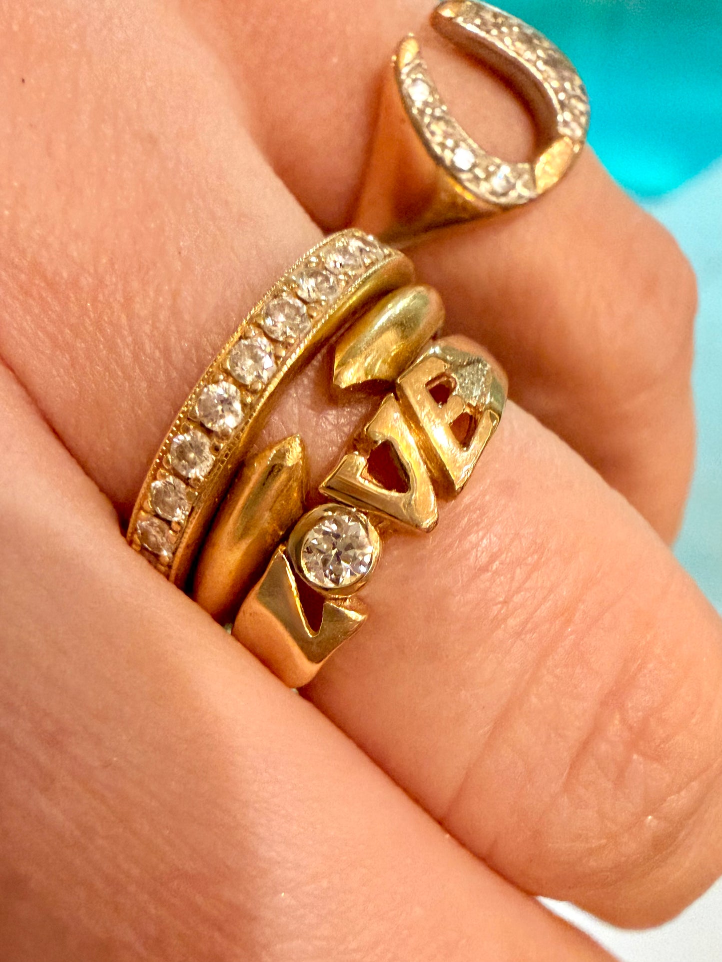 Vintage yellow 14K LOVE ring with diamond, size 5.5