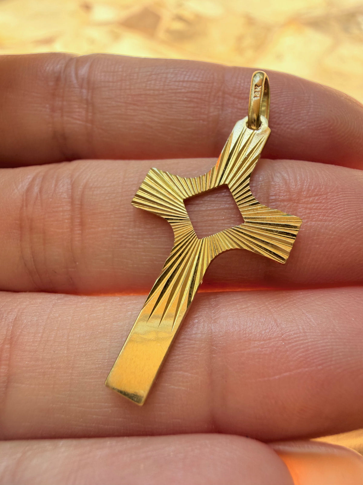 Vintage yellow 14K engine turned cross with cutout pendant