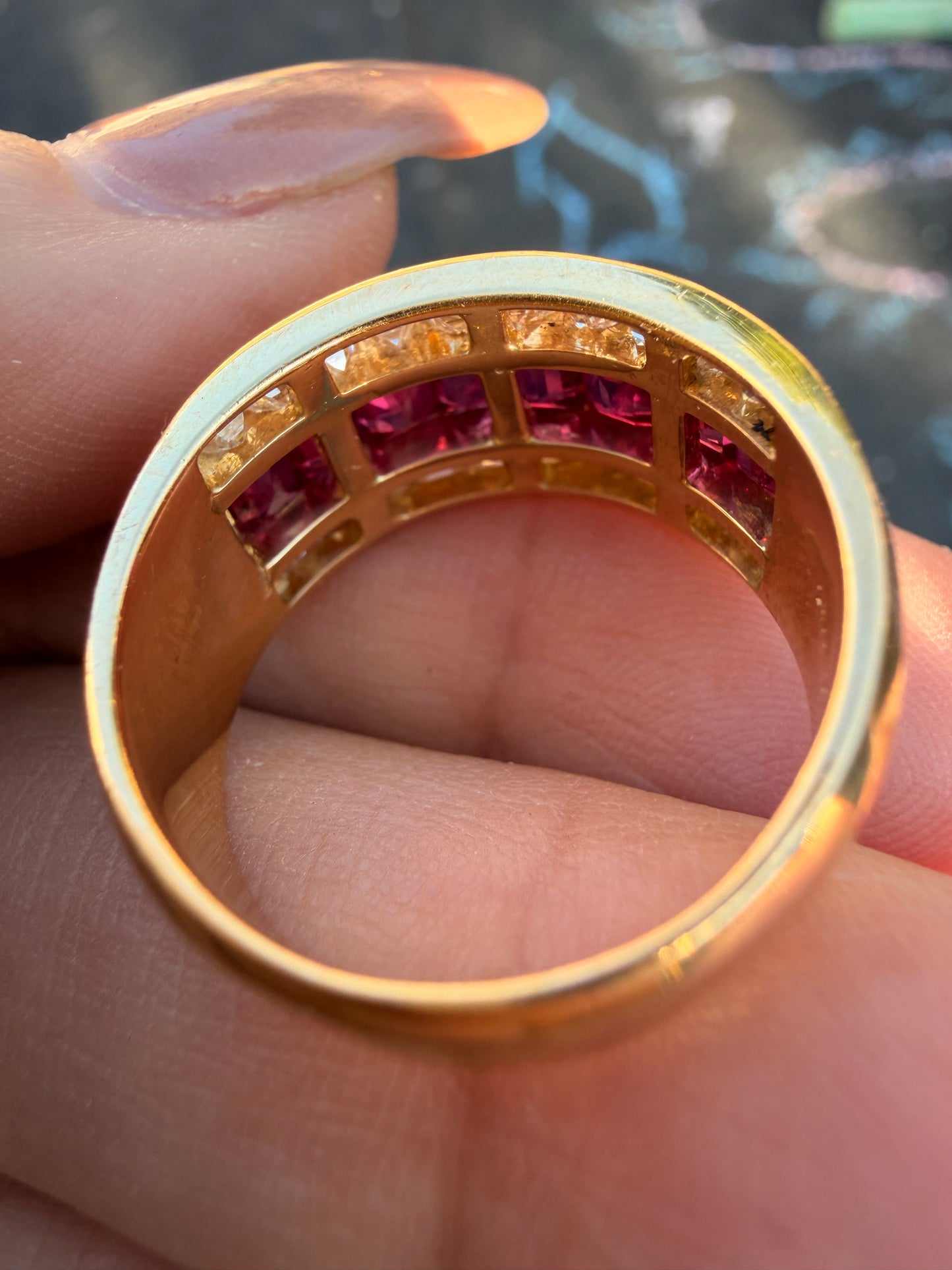 Vintage yellow 18K square cut 2ctw natural ruby and 1.3ctw square step cut diamond wide ring, size 8-8.25