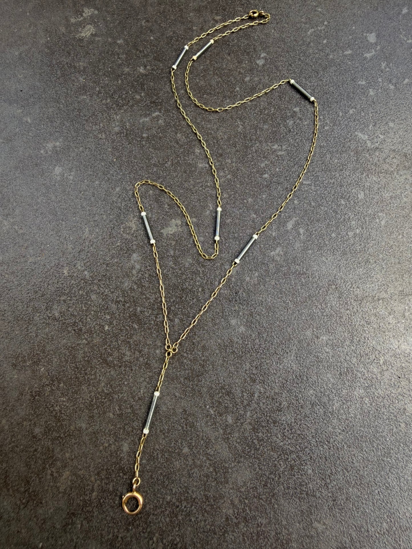 Antique yellow 14K gold grey and white enamel bar link chain with bolt drop, 21.5 inch
