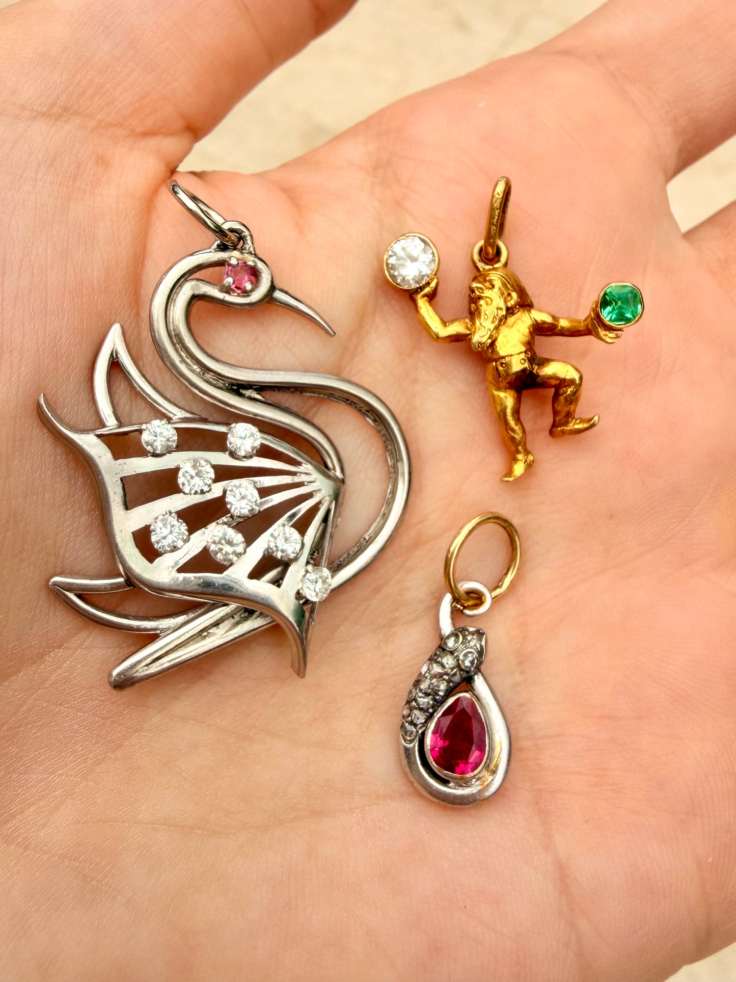 Antique 18K snake with rose cut diamonds and .4 ctw ruby charm