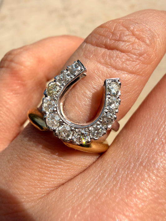 Vintage white 14K gold approx .44 ctw old cut diamond horseshoe ring, size 5.75