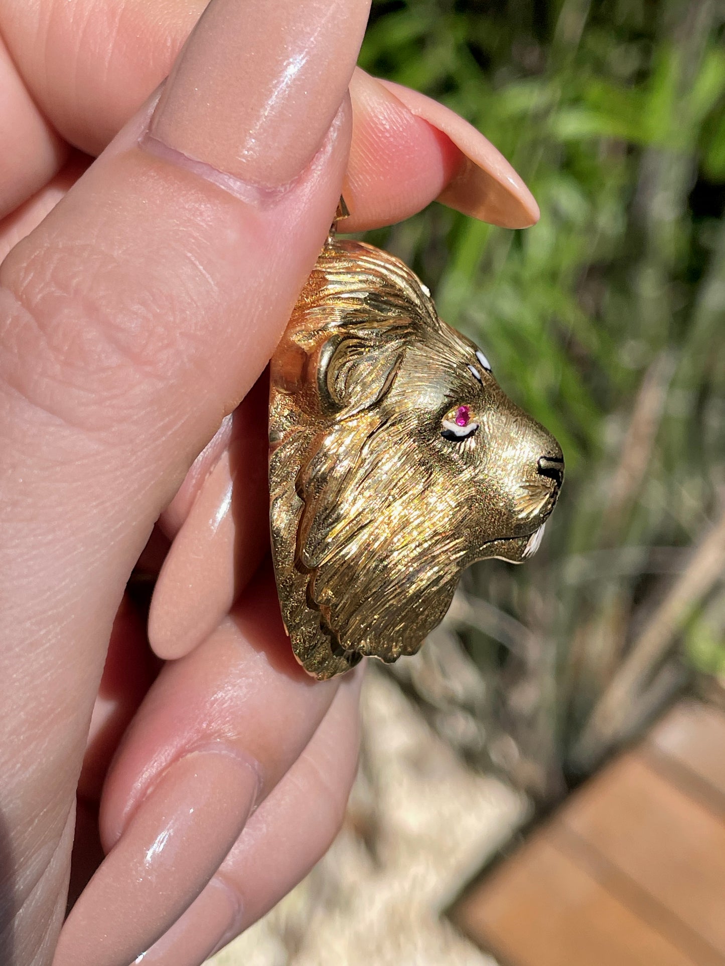 Vintage yellow 18K Lion statement pendant with enamel and ruby eyes