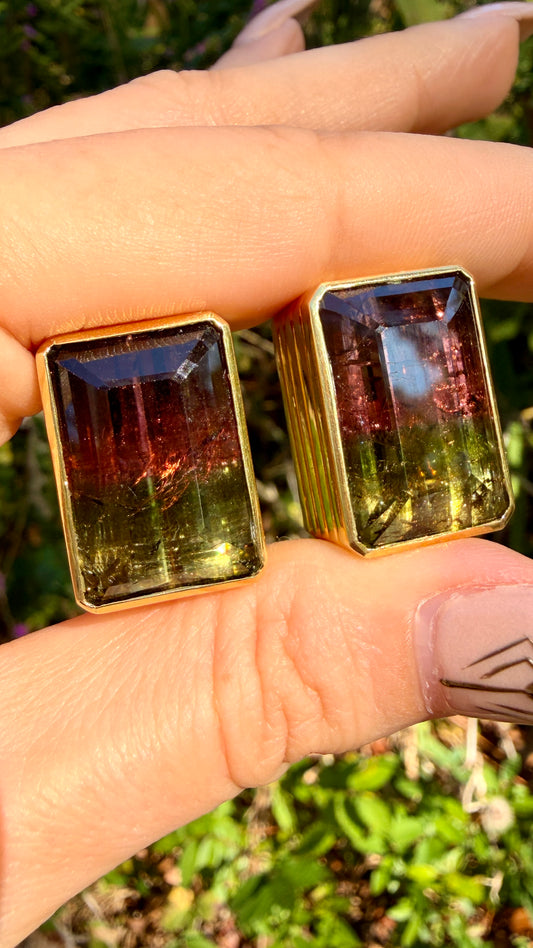 Vintage set of yellow 18K ribbed .63 ctw diamond and 36ctw bicolor tourmaline earrings and enhancer pendant