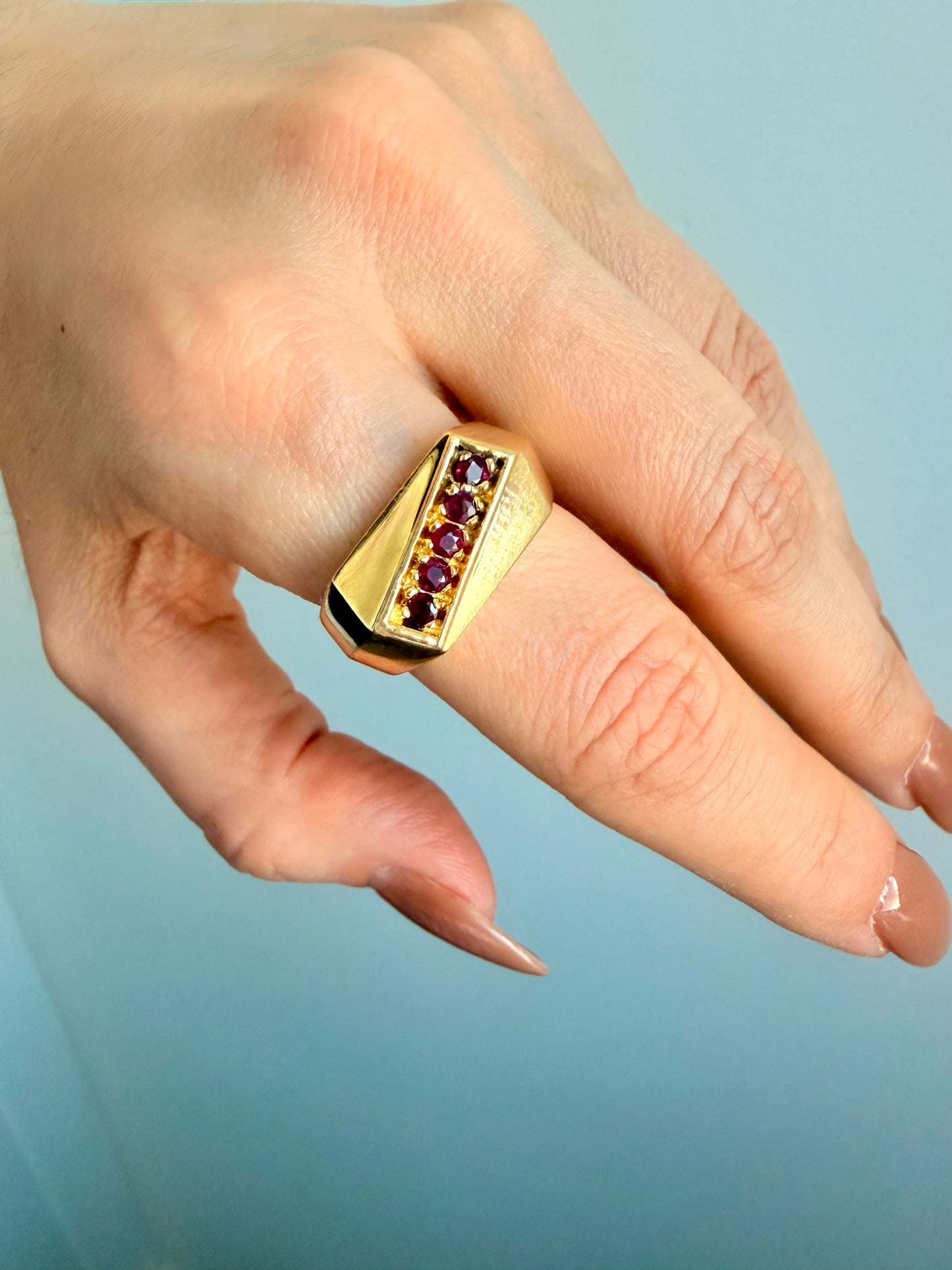 Vintage yellow 14K approx .28ctw ruby diagonal signet style ring, size 8.5