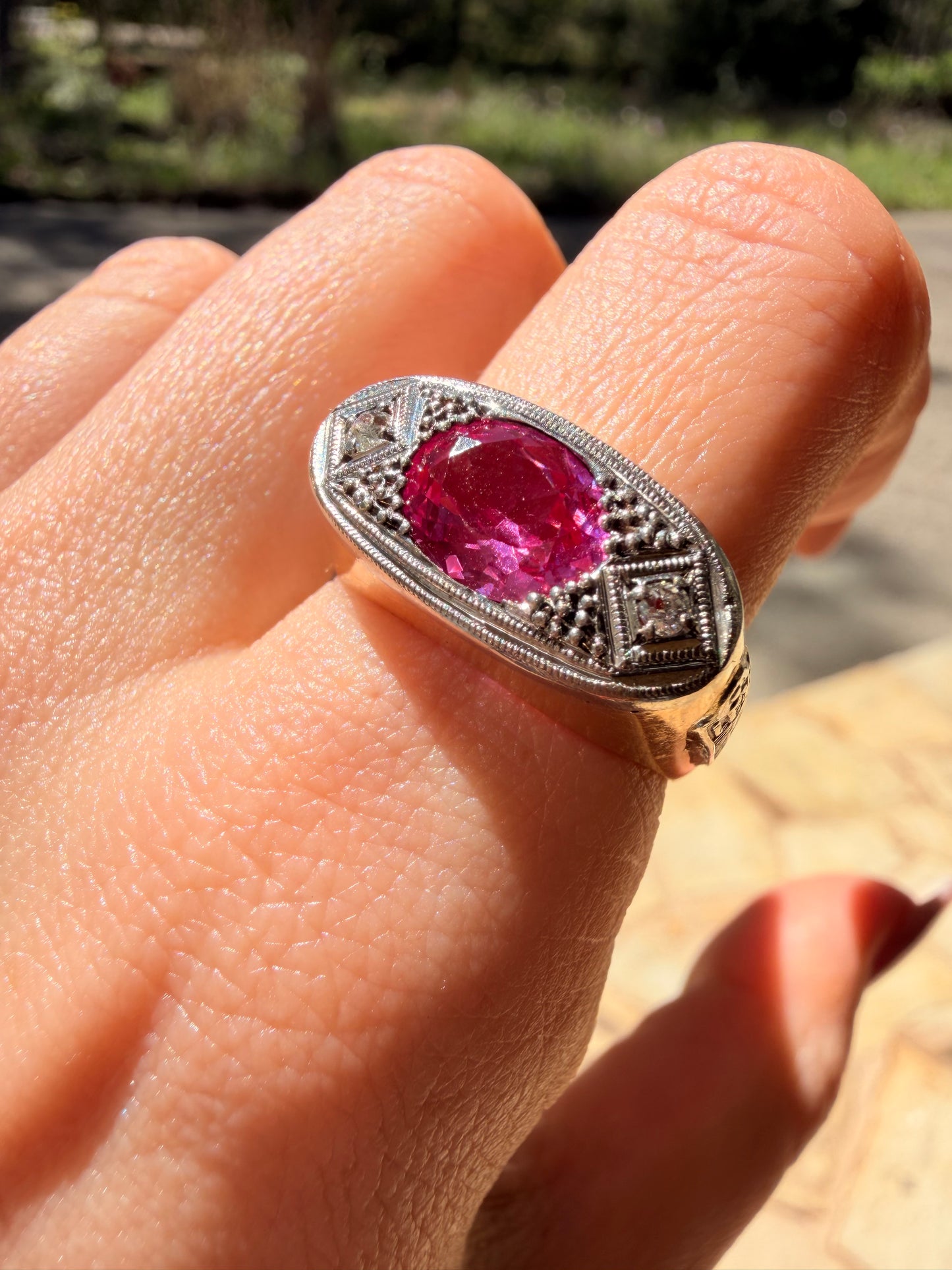 Vintage 10K pink sapphire ring with diamonds
