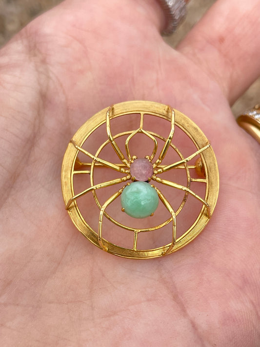 Vintage yellow 14K Spider with pink sapphire and jade pin with conversion to pendant