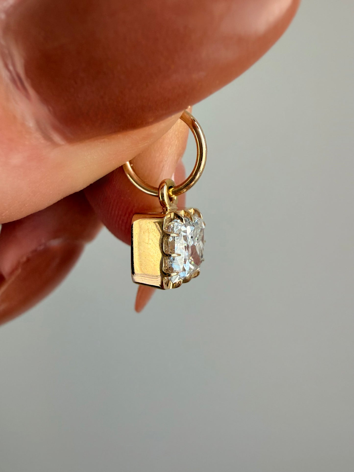 Vintage yellow 18K gold 1.31ctw antique square old cut diamond solitaire charm