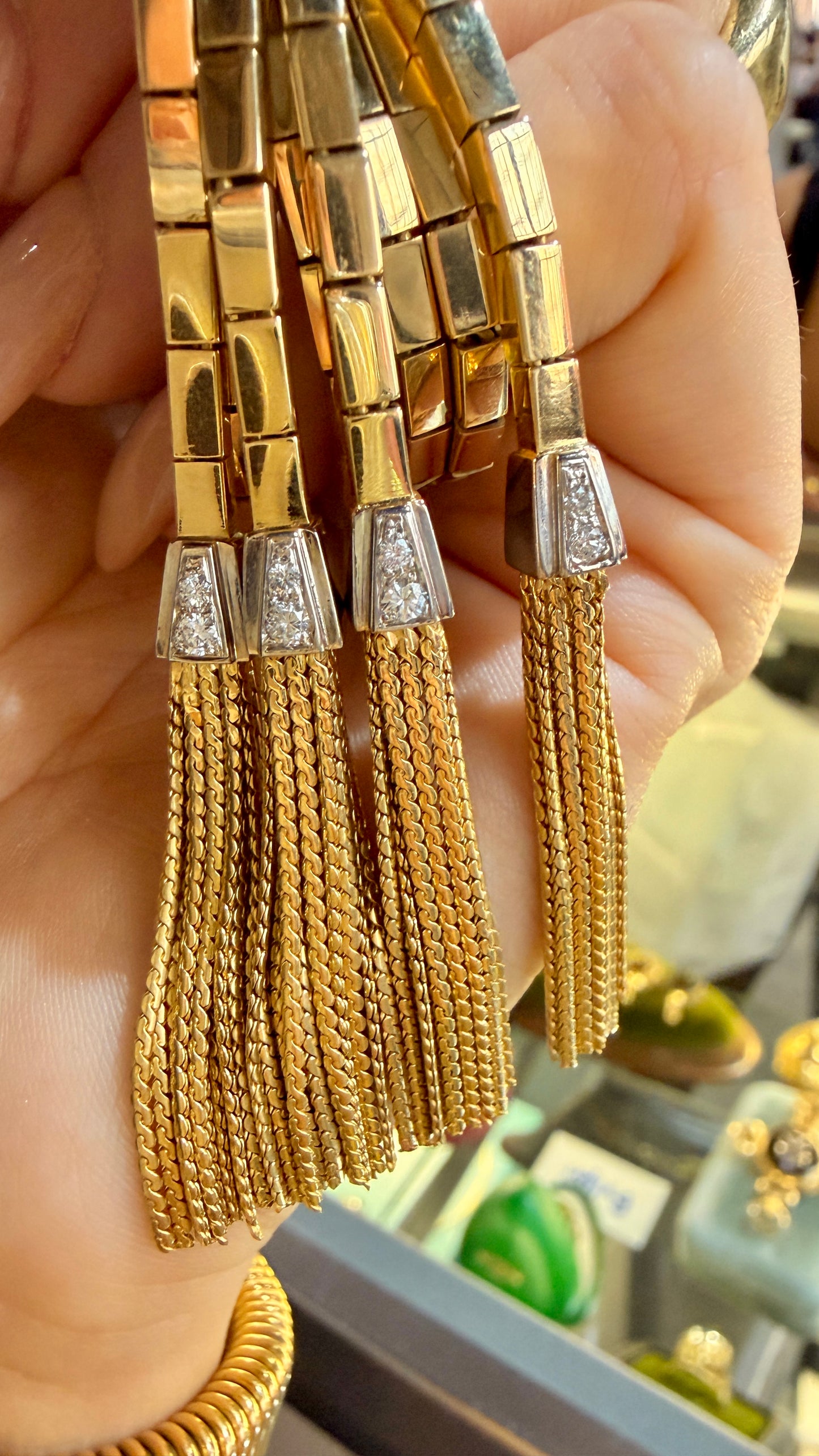 Vintage yellow and white 18K approx 1.4 ctw diamond buckle bar link tassel bracelet, fits 6.25 inch wrist or smaller