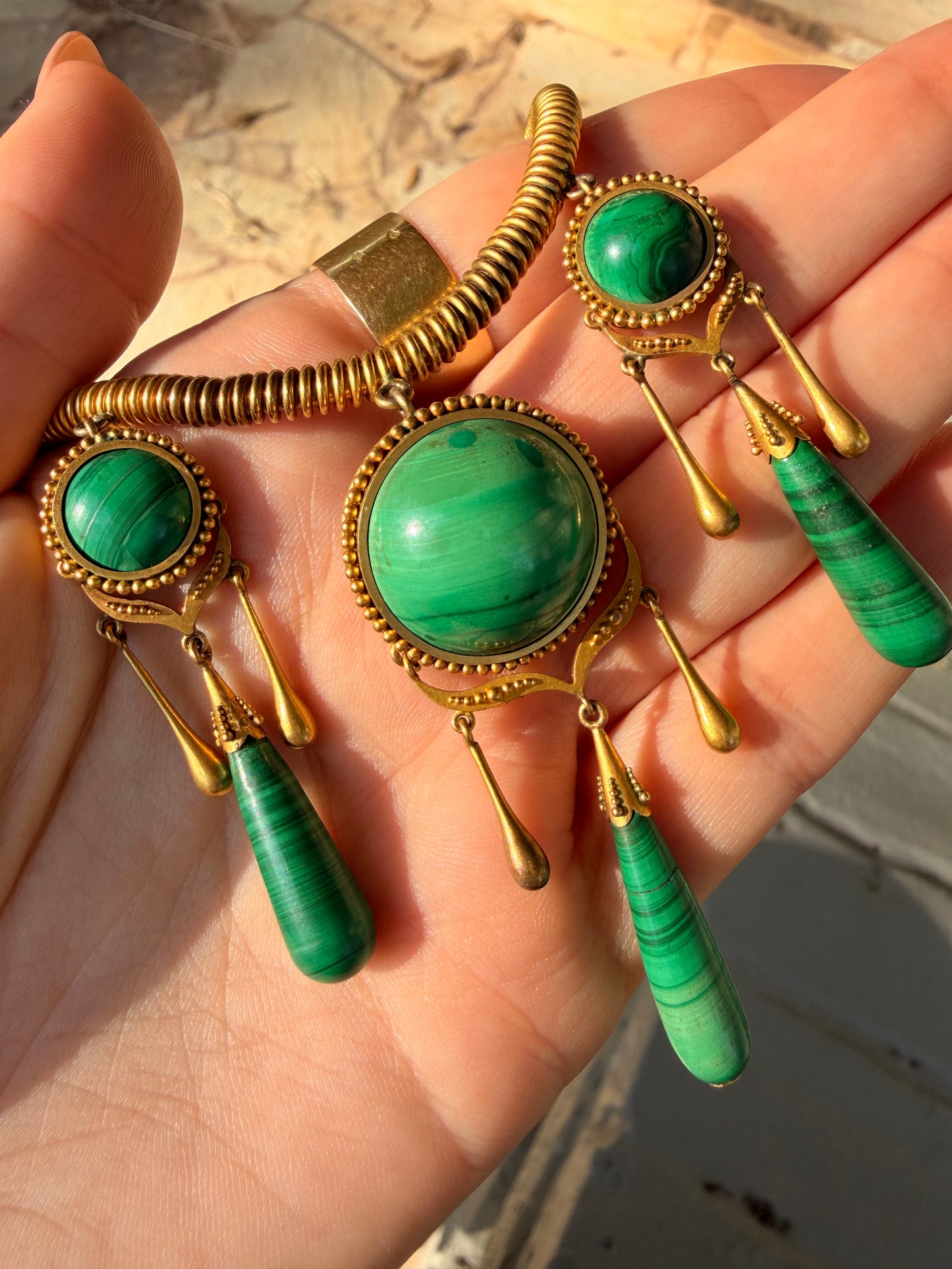 Antique yellow 18K tubogas malachite drop necklace, 16 and 1/8 inch