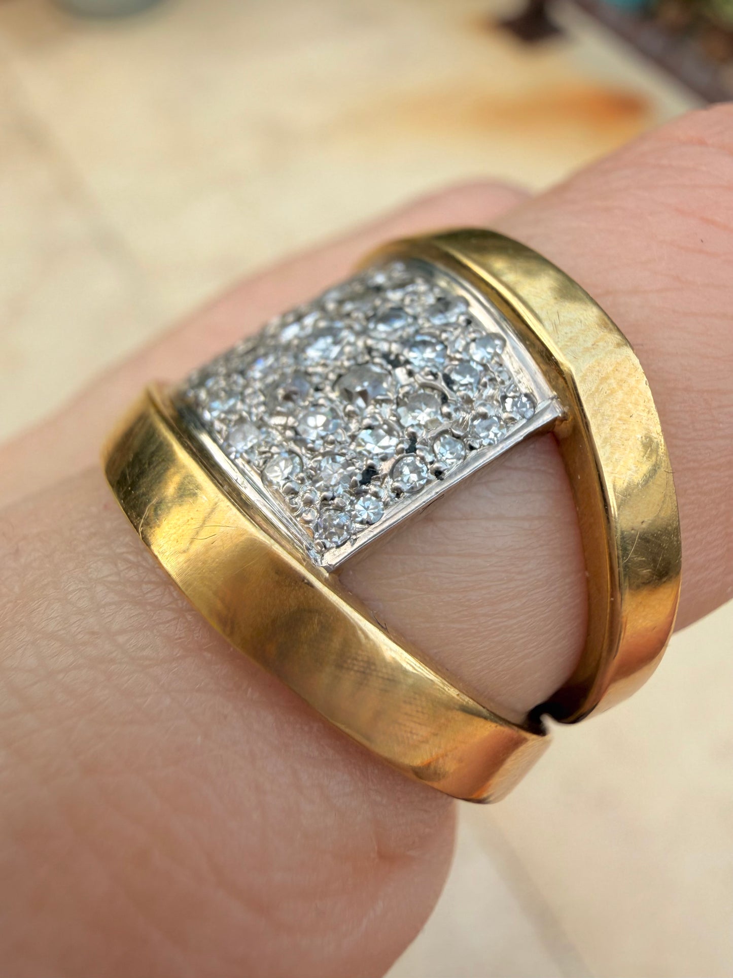 Vintage yellow and white 18K approx .5ctw diamond angled ring, size 7-7.25