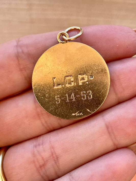 Vintage yellow 14K gold Long Island medallion with diamond pendant