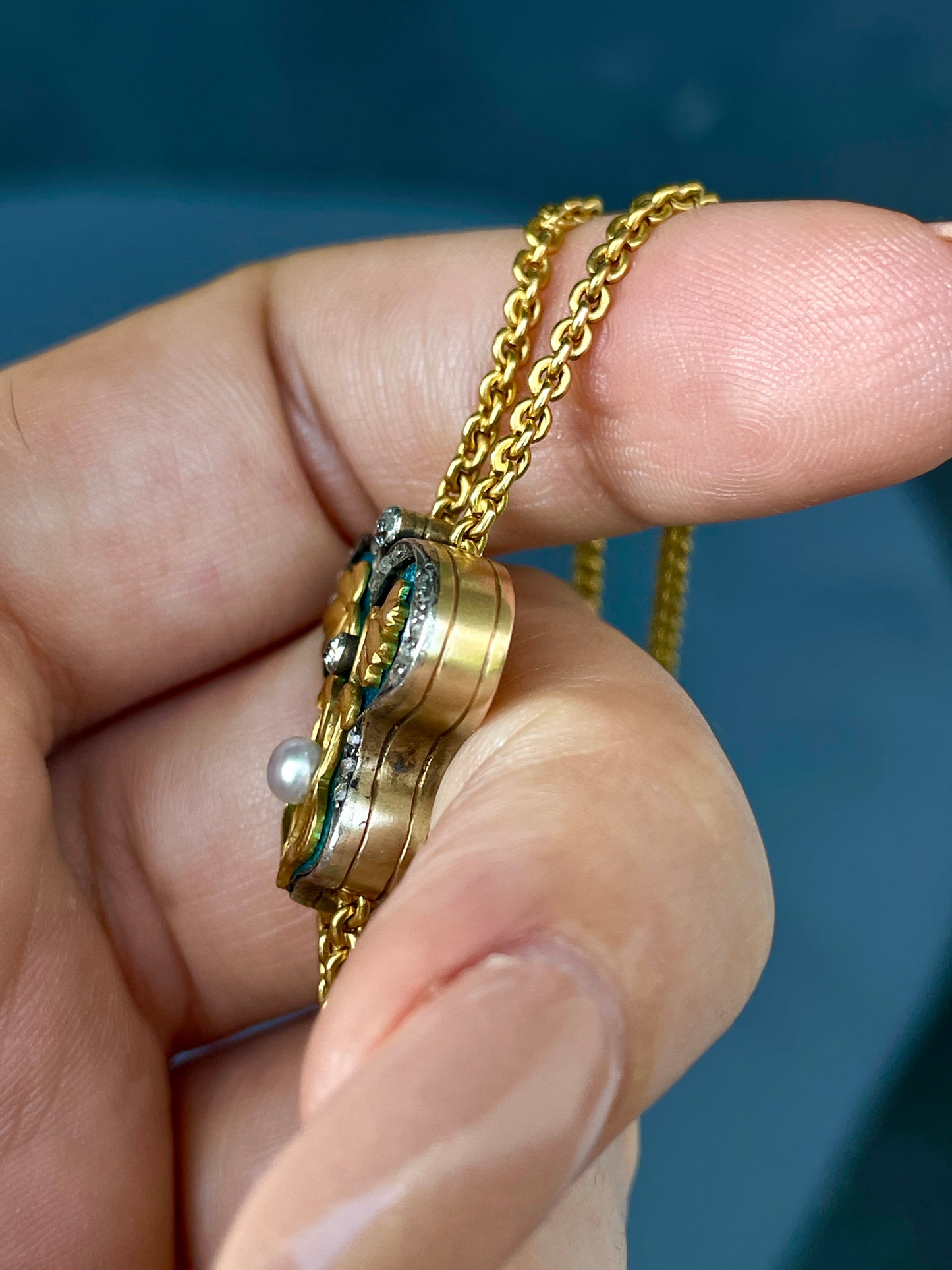 Antique 22K Art Nouveau longguard chain with 14K blue enamel butterfly slider with old mine cut diamonds, rose cut diamonds and pearl, with dog clip and bolt, 72 inch